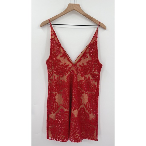Free People Dress 8 Red Lace Sequins Holiday Party Cocktail Event Date Slip - Picture 3 of 10